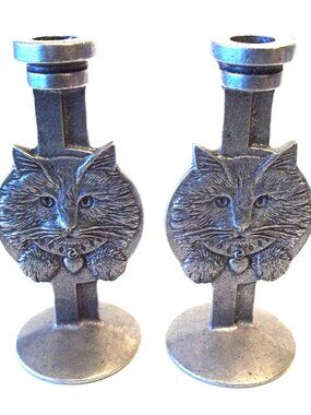 Vintage Cat Candlesticks, Carson Statesmetal, Set of 2, USA 1980s